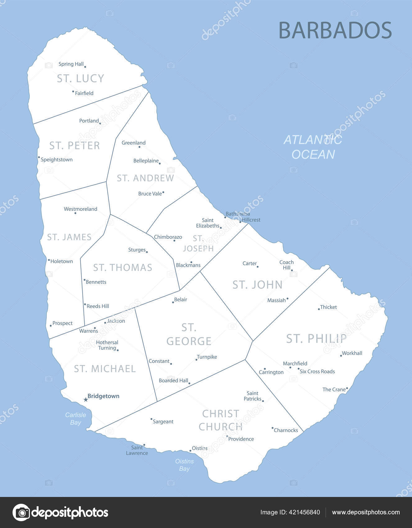 Blue Gray Detailed Map Barbados Administrative Divisions Location Globe