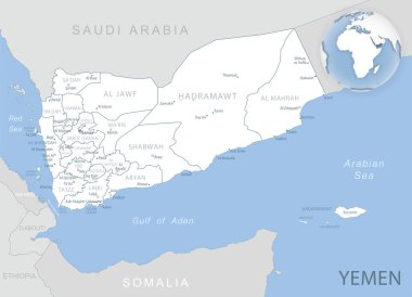 Yemen idari birimlerinin mavi-gri detaylı haritası ve dünya üzerindeki konumu. Vektör illüstrasyonu