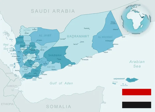 也门行政区划蓝绿色详细地图 有国旗和全球位置 矢量说明 — 图库矢量图片