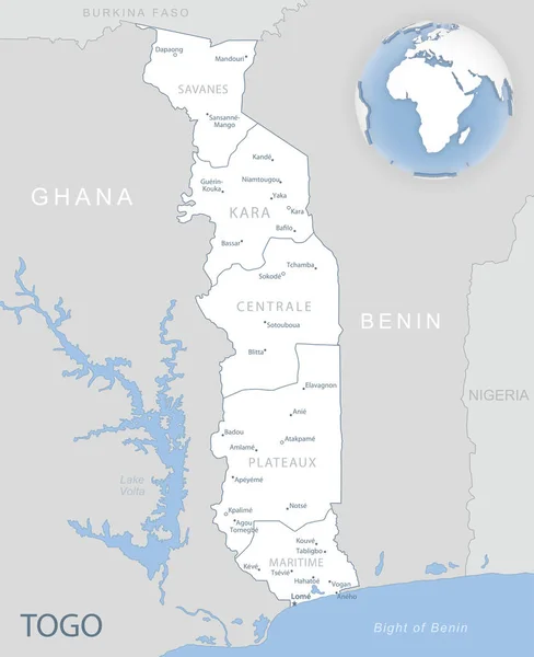 Blue Gray Mapa Detallado Las Divisiones Administrativas Togo Ubicación Mundo — Vector de stock