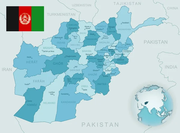 Μπλε Πράσινος Λεπτομερής Χάρτης Των Διοικητικών Διαιρέσεων Του Αφγανιστάν Σημαία — Διανυσματικό Αρχείο