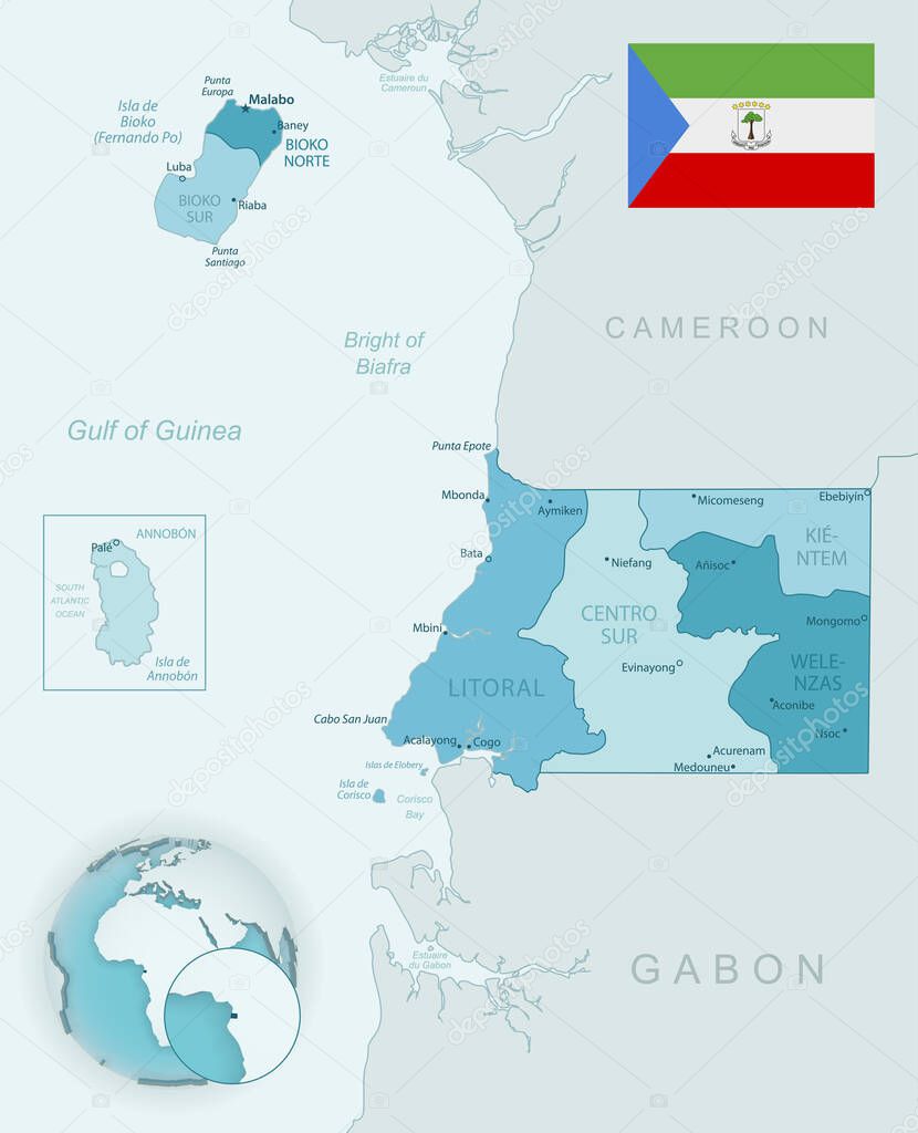 Blue-green detailed map of Equatorial Guinea administrative divisions with country flag and location on the globe. Vector illustration