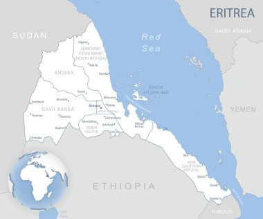 Eritre idari bölümlerinin mavi-gri detaylı haritası ve dünyadaki konumu. Vektör illüstrasyonu