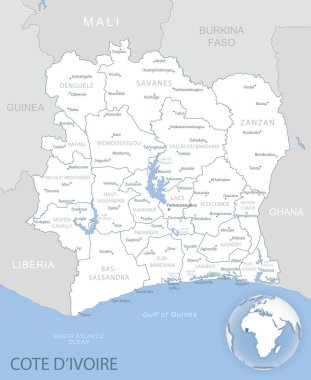 Cote d 'Ivoire' ın dünyadaki idari bölümlerinin ve yerinin mavi-gri detaylı haritası. Vektör illüstrasyonu