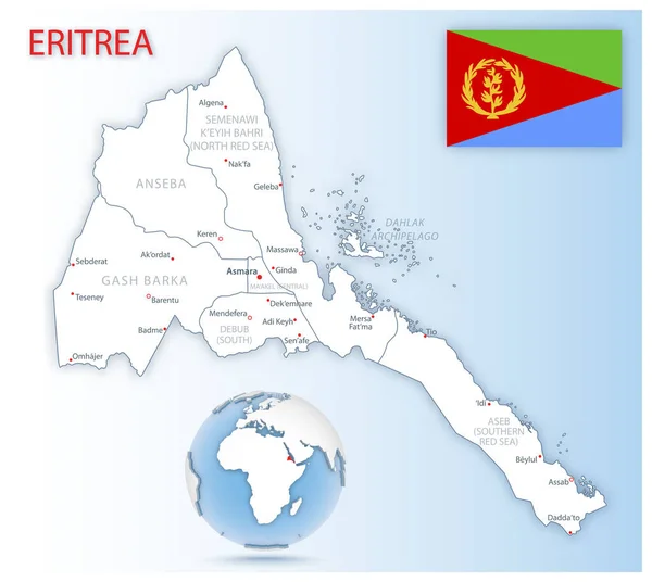 Detailed Map Eritrea Administrative Divisions Country Flag Location Globe Vector — Stock Vector