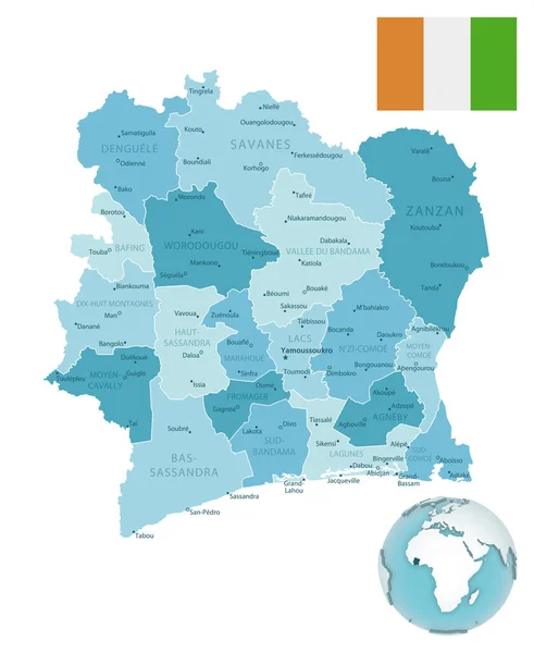 Costa Marfil Mapa Administrativo Azul Verde Con Bandera Del País — Archivo Imágenes Vectoriales