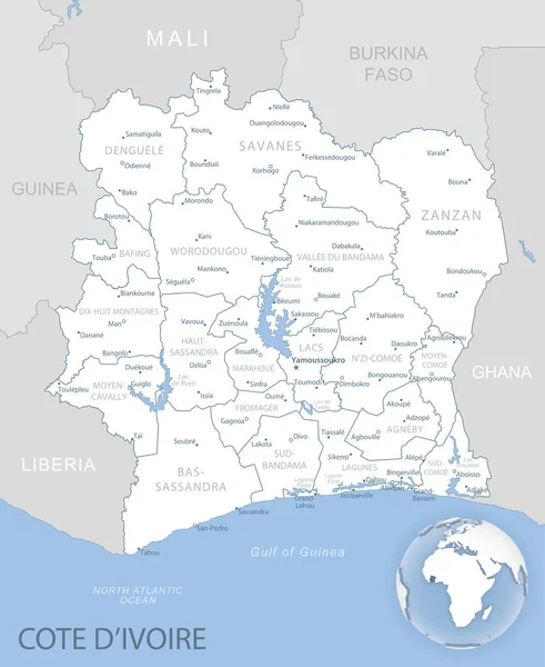 Carte Détaillée Bleu Gris Côte Ivoire Divisions Administratives Emplacement Sur — Image vectorielle