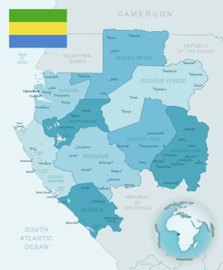 Gabon idari bölümlerinin mavi-yeşil haritası. Ülke bayrağı ve dünya üzerindeki konumu..