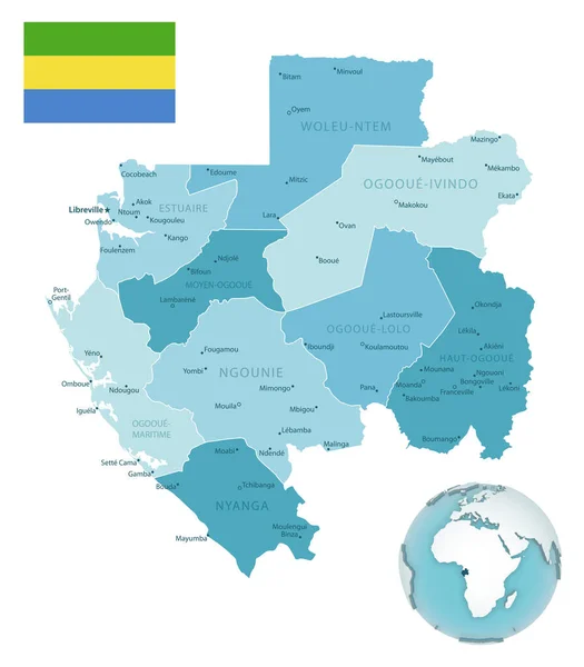 Gabón mapa administrativo azul-verde con bandera del país y ubicación en un globo terráqueo. — Vector de stock