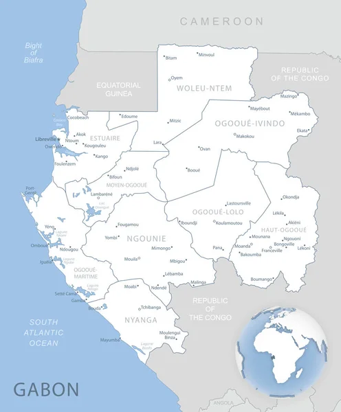 Mapa detallado azul-gris de las divisiones administrativas de Gabón y la ubicación en el mundo. — Vector de stock