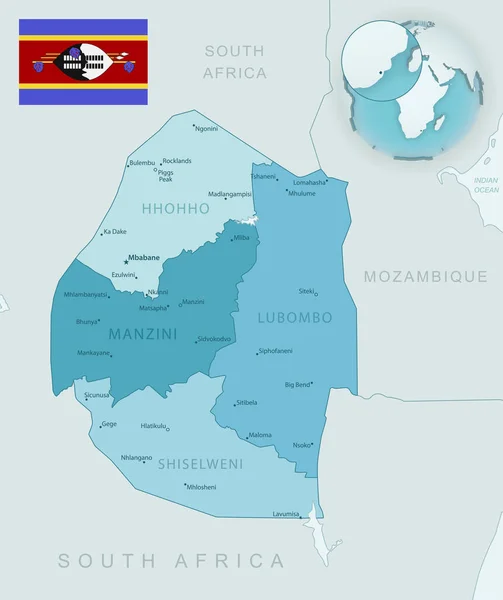 Mapa detallado azul-verde de las divisiones administrativas de Eswatini con bandera del país y ubicación en el mundo. — Vector de stock