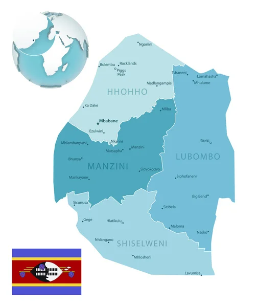 Eswatini idari mavi-yeşil harita üzerinde ülke bayrağı ve bir dünya üzerinde konumu. — Stok Vektör