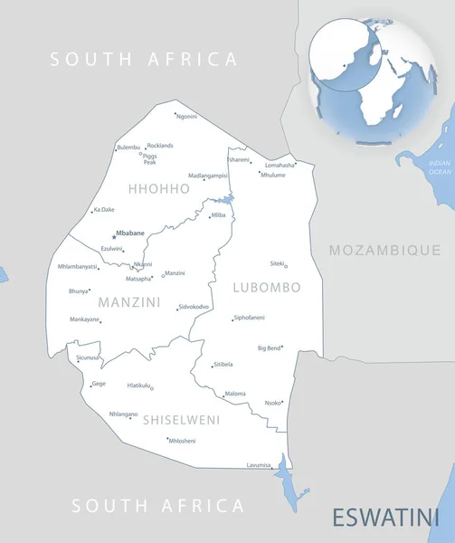 Mapa detallado azul-gris de las divisiones administrativas y la ubicación de Eswatini en el mundo. — Vector de stock