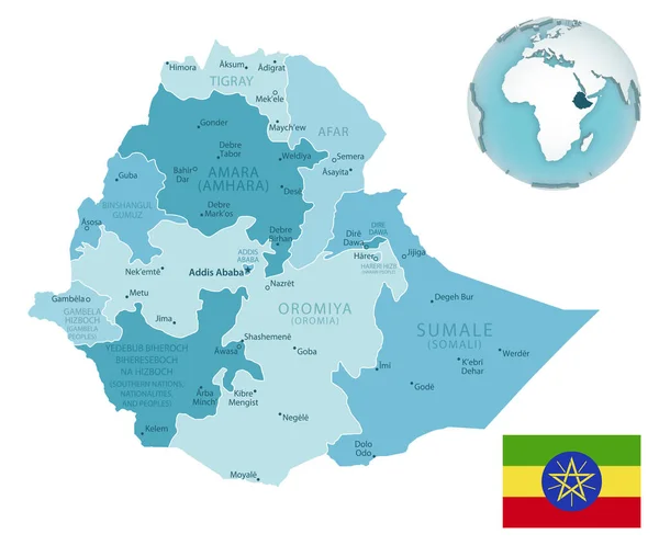 Etiyopya idari mavi-yeşil harita ülke bayrağı ve bir dünya üzerinde konumu. — Stok Vektör