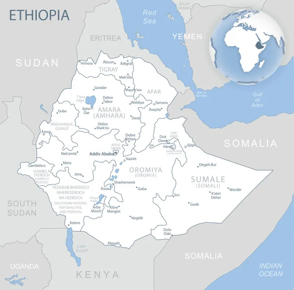 Mapa detallado azul-gris de las divisiones administrativas y la ubicación de Etiopía en el mundo. — Archivo Imágenes Vectoriales