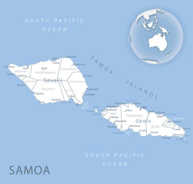 Samoa idari birimlerinin mavi-gri detaylı haritası ve dünyadaki konumu. Vektör illüstrasyonu