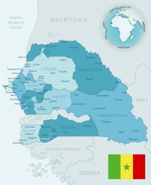 Senegal idari bölümlerinin mavi-yeşil detaylı haritası. Ülke bayrağı ve dünya üzerindeki konumu. Vektör illüstrasyonu