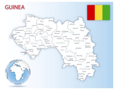 Mavi bir dünya üzerinde ülke bayrağı ve konumu olan ayrıntılı Gine idari haritası.