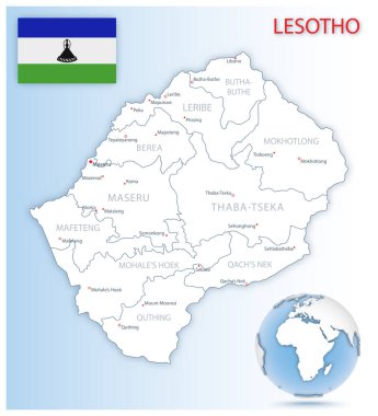 Ülke bayrağı ve mavi bir kürede yer alan ayrıntılı Lesotho idari haritası.