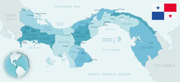 パナマ行政区の青緑色の詳細な地図国の旗と世界中の場所 ベクターイラスト — ストックベクタ