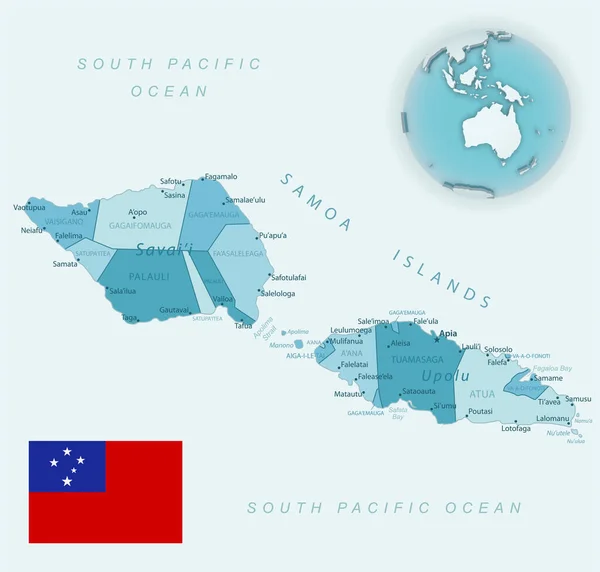 Carte Détaillée Bleu Vert Des Divisions Administratives Samoa Avec Drapeau — Image vectorielle