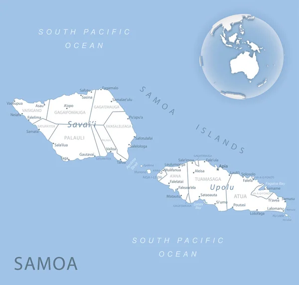 Samoa Idari Birimlerinin Mavi Gri Detaylı Haritası Dünyadaki Konumu Vektör — Stok Vektör