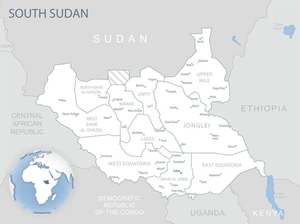 Blå Grå Detaljerad Karta Över Sydsudans Administrativa Indelningar Och Läge — Stock vektor