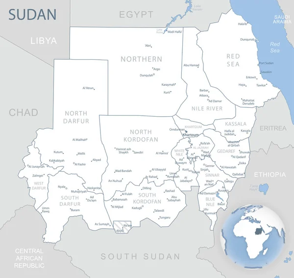 Blue Gray Mapa Detallado Las Divisiones Administrativas Sudán Ubicación Mundo — Vector de stock