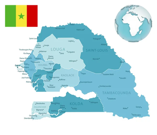 Senegal Mapa Administrativo Azul Verde Con Bandera Del País Ubicación — Vector de stock