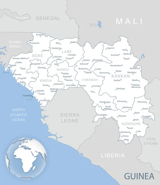 Mapa detallado azul-gris de las divisiones administrativas de Guinea y la ubicación en el mundo. — Vector de stock