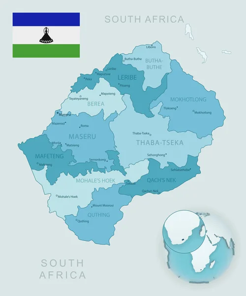 Mapa detallado de Lesotho divisiones administrativas con bandera del país y ubicación en el mundo. — Vector de stock