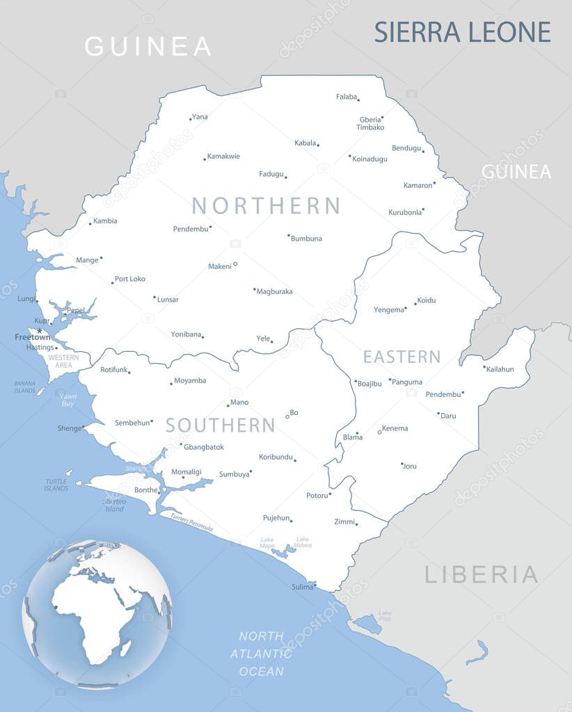 Blue-gray detailed map of Sierra Leone administrative divisions and location on the globe. Vector illustration