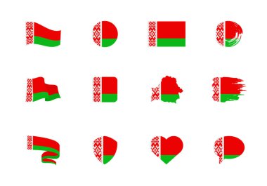 Beyaz Rusya bayrakları - düz koleksiyon. Farklı şekilli on iki düz simge bayrakları. Vektör illüstrasyonu