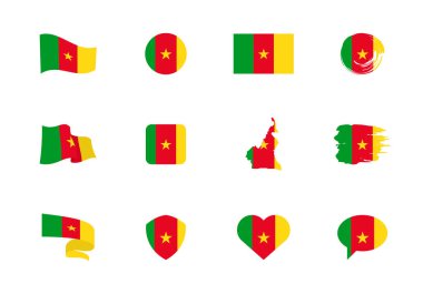 Kamerun bayrağı, düz koleksiyon. Farklı şekilli on iki düz simge bayrakları. Vektör illüstrasyonu