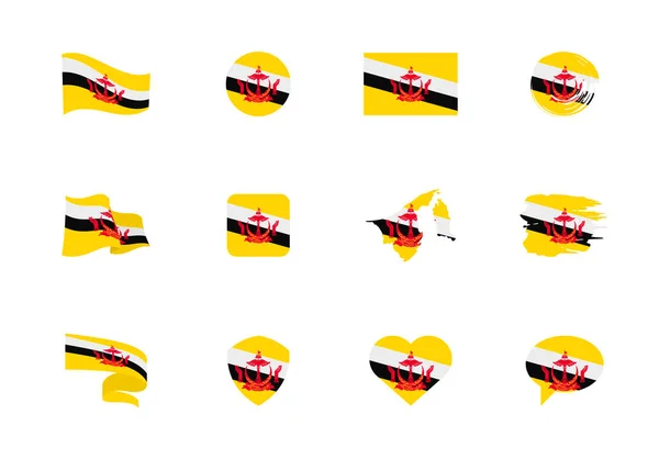 文莱国旗平面收藏 不同形状的12个扁平图标的旗子 矢量图集 — 图库矢量图片