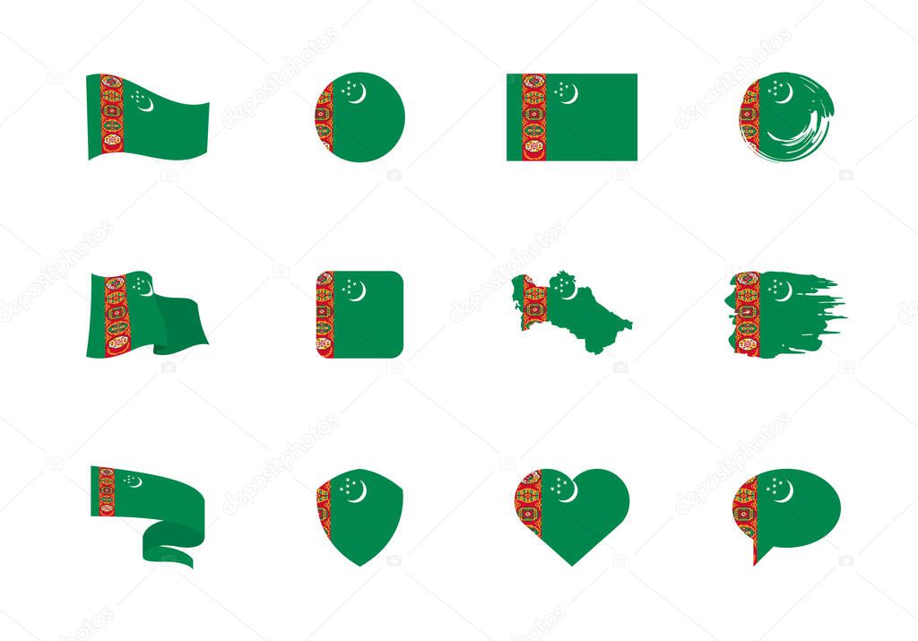 Turkmenistan flag - flat collection. Flags of different shaped twelve flat icons. Vector illustration set