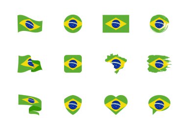 Brezilya bayrağı - düz koleksiyon. Farklı şekilli on iki düz simge bayrakları. Vektör illüstrasyonu