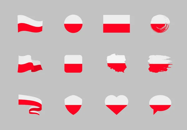 Bandera Polonia Colección Plana Banderas Diferentes Formas Doce Iconos Planos — Vector de stock