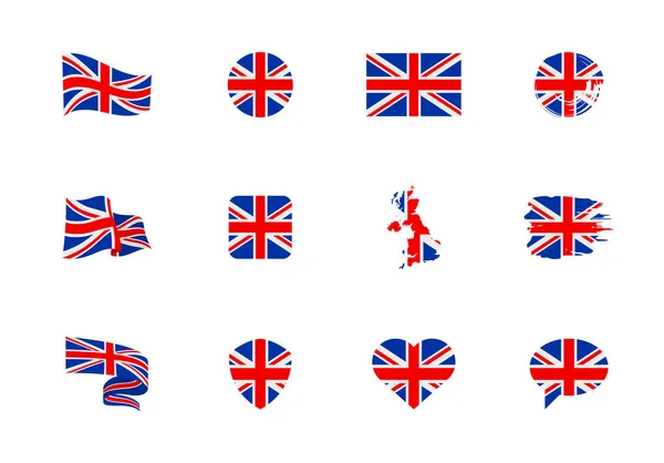 Flagge Großbritanniens Flache Kollektion Flaggen Unterschiedlicher Form Zwölf Flache Symbole — Stockvektor