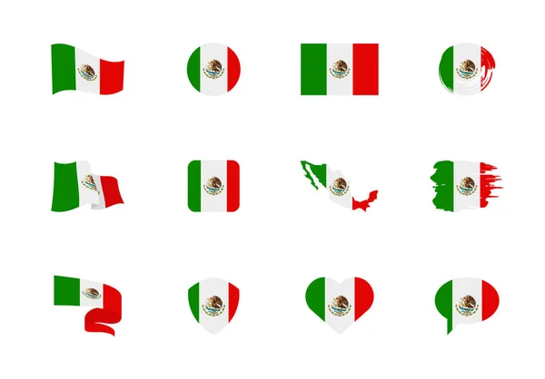 Bandera México Colección Plana Banderas Diferentes Formas Doce Iconos Planos — Vector de stock