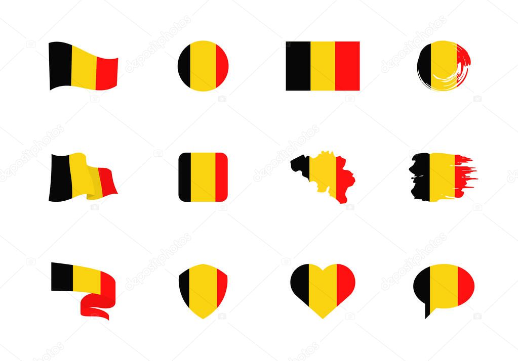 Belgium flag - flat collection. Flags of different shaped twelve flat icons. Vector illustration set