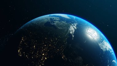 Bulut oluşumları ve şehir ışıklarıyla gece gündüz dolaşan güneş ışınlarıyla Dünya gezegeni. NASA 'nın detaylı uydu haritası ile 3D görüntüleme.