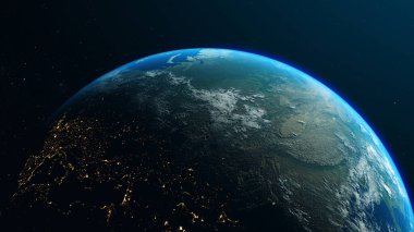 Bulut oluşumları ve şehir ışıklarıyla gece gündüz dolaşan güneş ışınlarıyla Dünya gezegeni. NASA 'nın detaylı uydu haritası ile 3D görüntüleme.