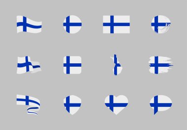 Finlandiya bayrağı - düz koleksiyon. Farklı şekilli on iki düz simge bayrakları. Vektör illüstrasyonu