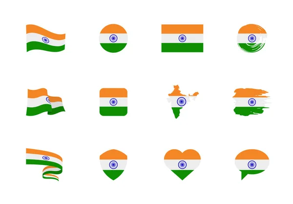 Bandera India Colección Plana Banderas Diferentes Formas Doce Iconos Planos — Vector de stock