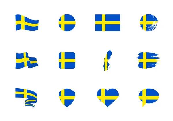 Zweedse Vlag Vlakke Collectie Vlaggen Van Verschillende Vorm Twaalf Platte — Stockvector