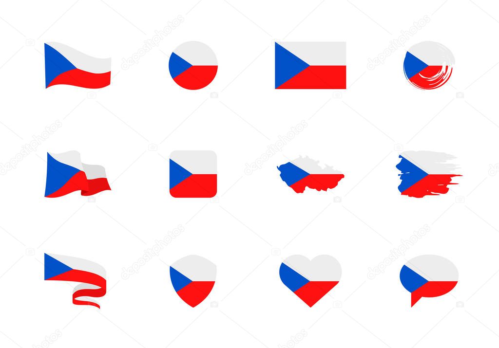 Czech Republic flag - flat collection. Flags of different shaped twelve flat icons. Vector illustration set