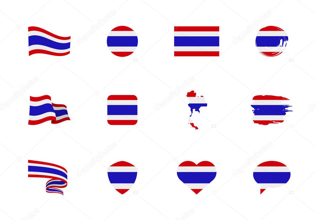 Thailand flag - flat collection. Flags of different shaped twelve flat icons. Vector illustration set