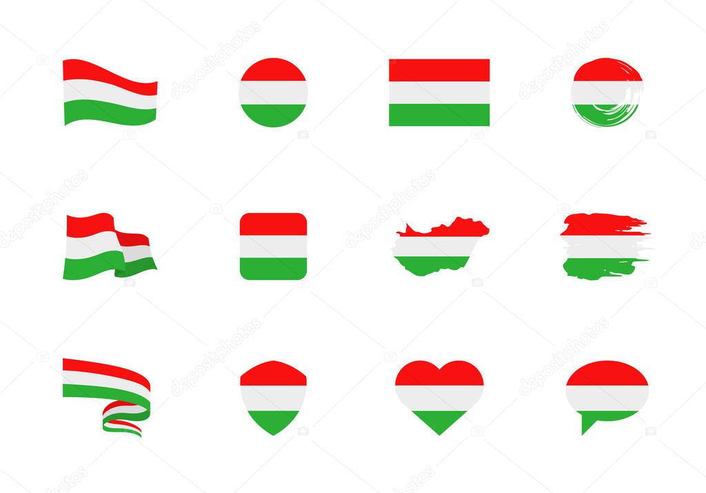 Hungary flag - flat collection. Flags of different shaped twelve flat icons. Vector illustration set
