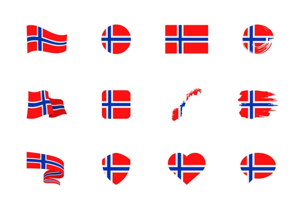 Flaga Norwegii Płaska Kolekcja Flagi Różnym Kształcie Dwunastu Płaskich Ikon — Wektor stockowy